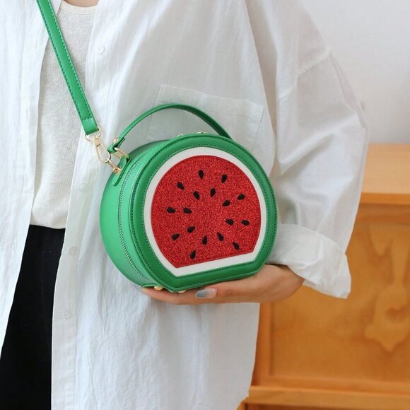 Green Cute Women's Street-Style Y2k Funny Watermelon Shaped Crossbody Bag - Picture 3 of 11
